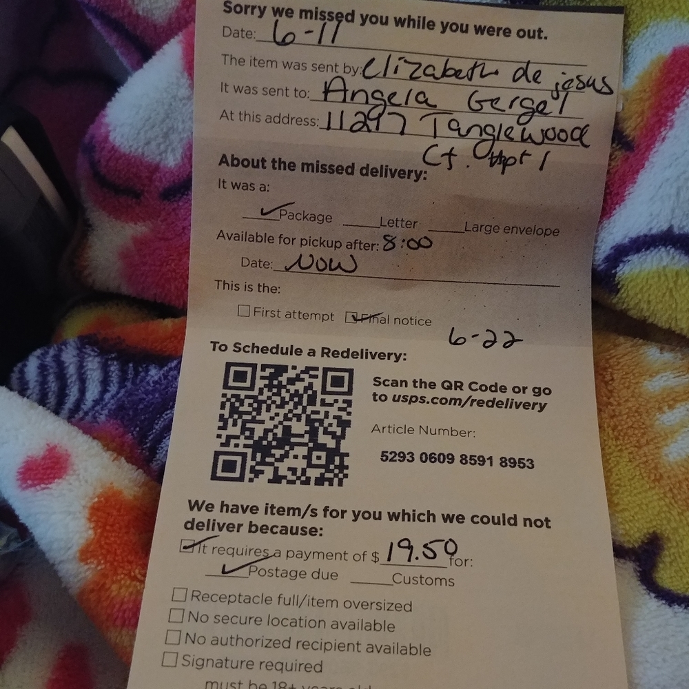 Notice from postal service